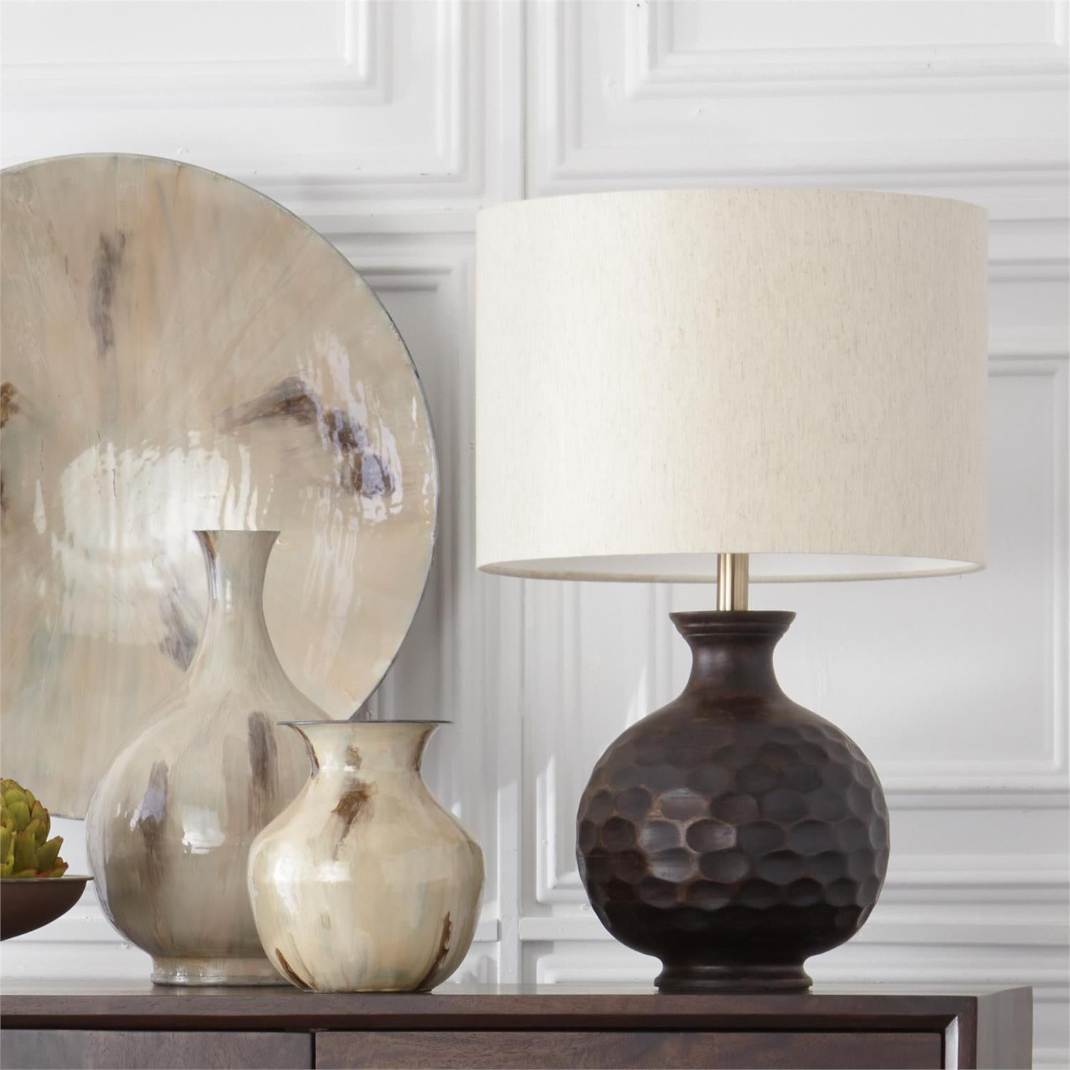 26.25 Inch Carved Dot Dark Mango Wood Lamp With Shade