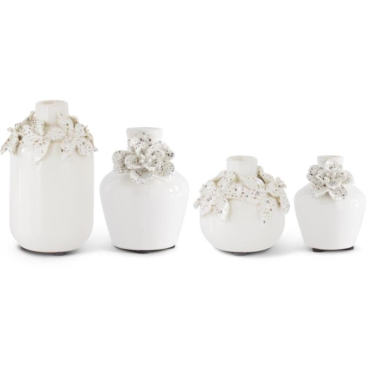 White Ceramic Vases with Raised Flowers