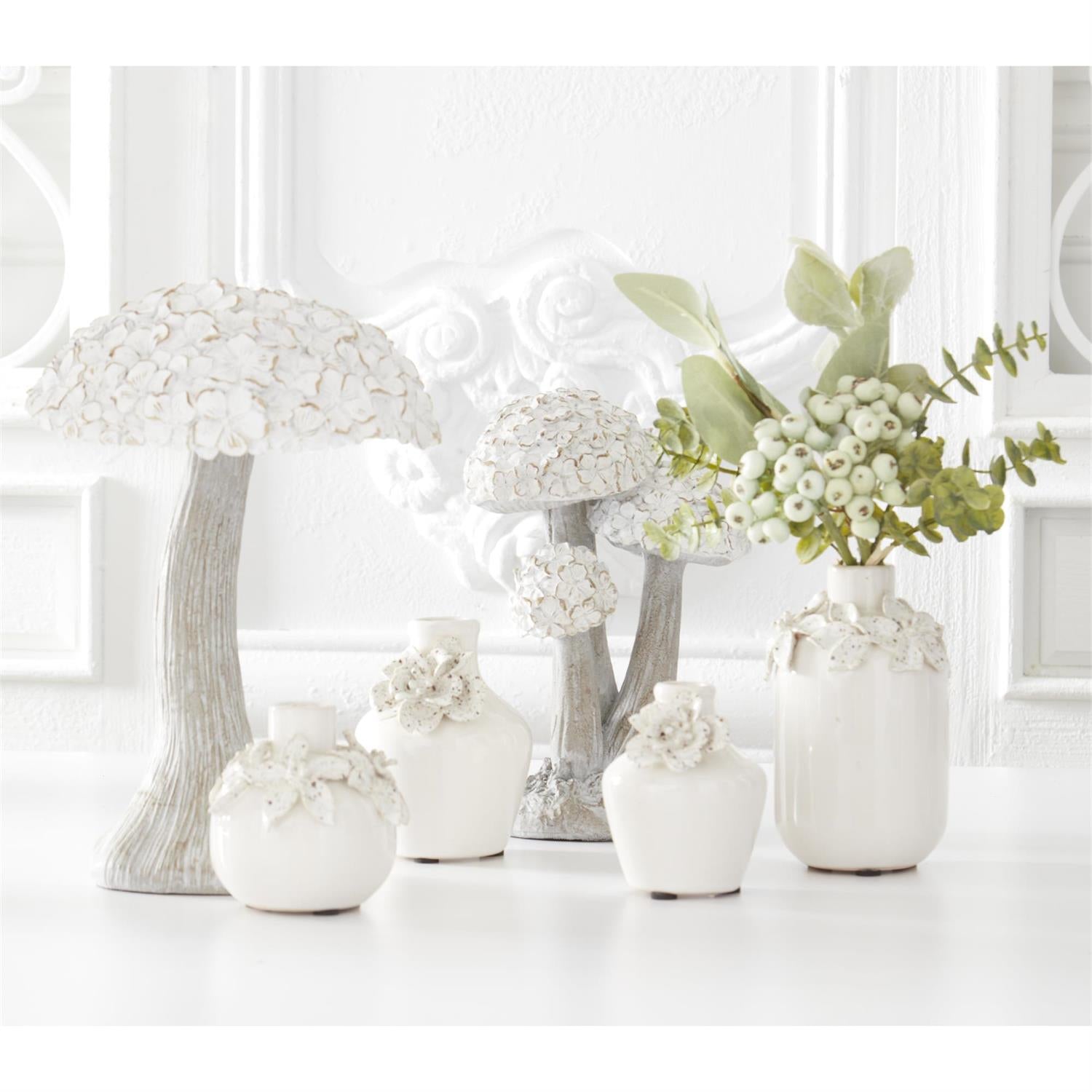 White Ceramic Vases with Raised Flowers