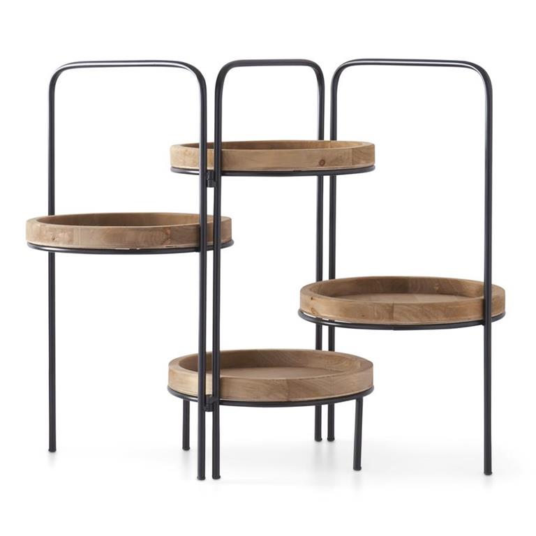 45.5-Inch Black Metal-Framed 4-Tier Natural Wood Tray Stand
