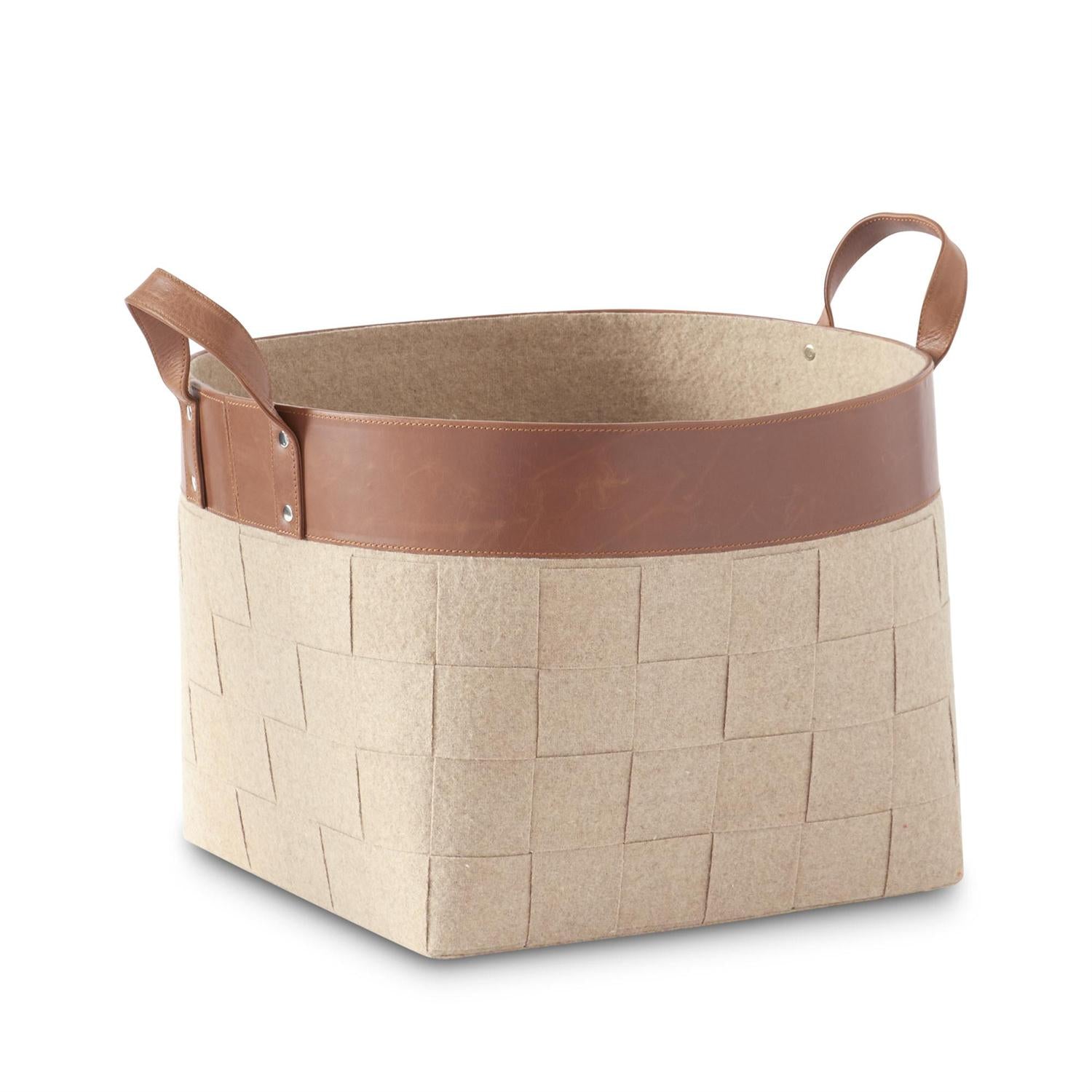 Woven Brown Felt Nesting Baskets with Top Brown Leather Stripe