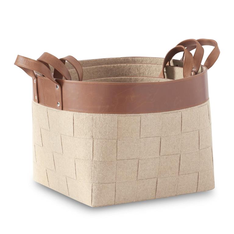 Woven Brown Felt Nesting Baskets with Top Brown Leather Stripe