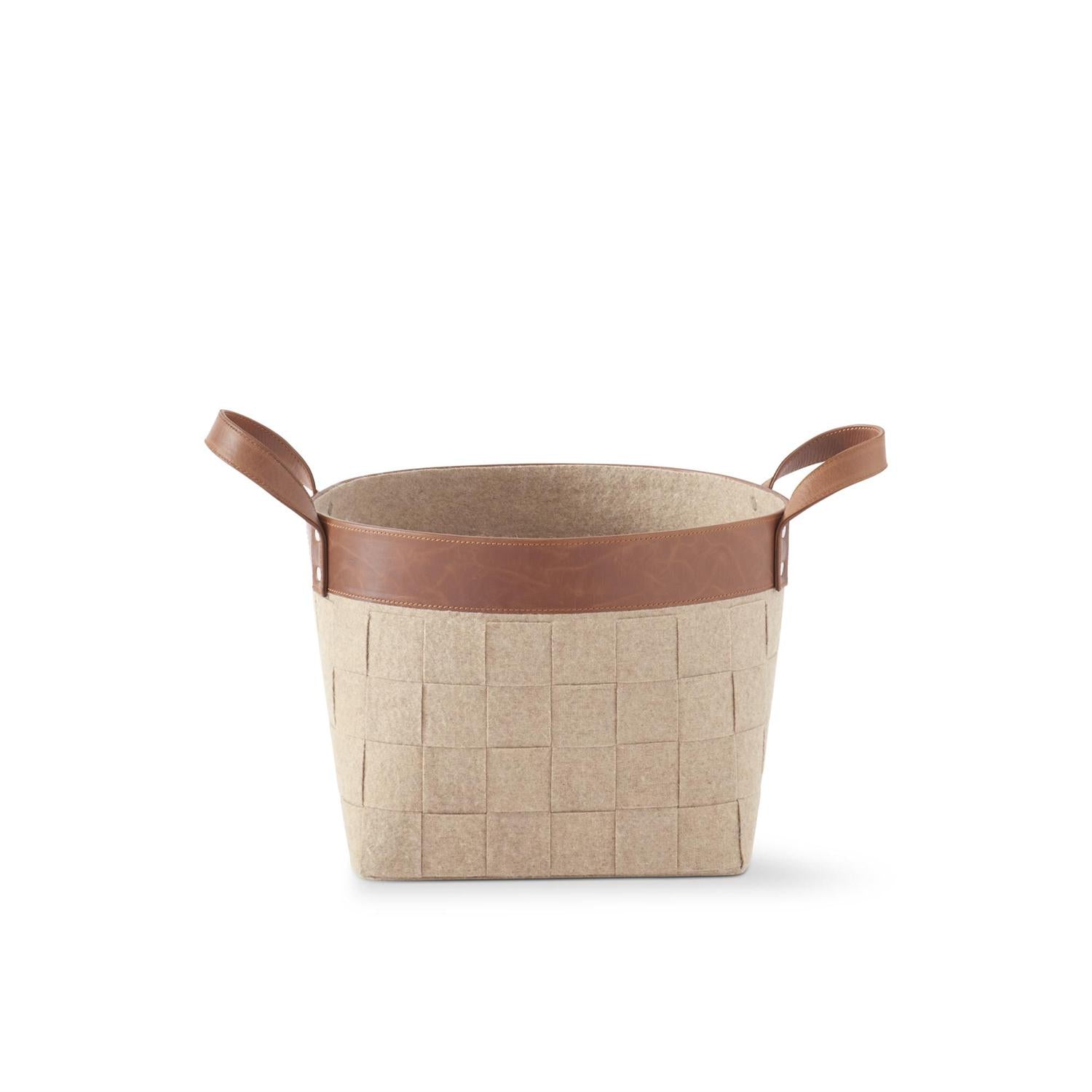 Woven Brown Felt Nesting Baskets with Top Brown Leather Stripe