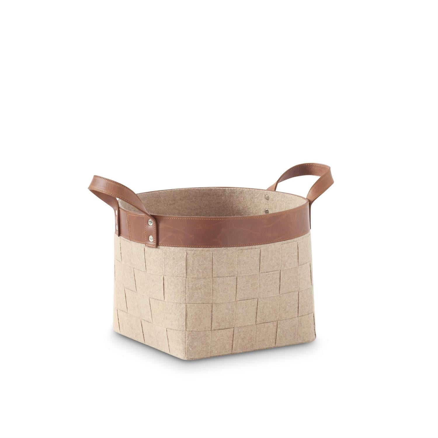 Woven Brown Felt Nesting Baskets with Top Brown Leather Stripe
