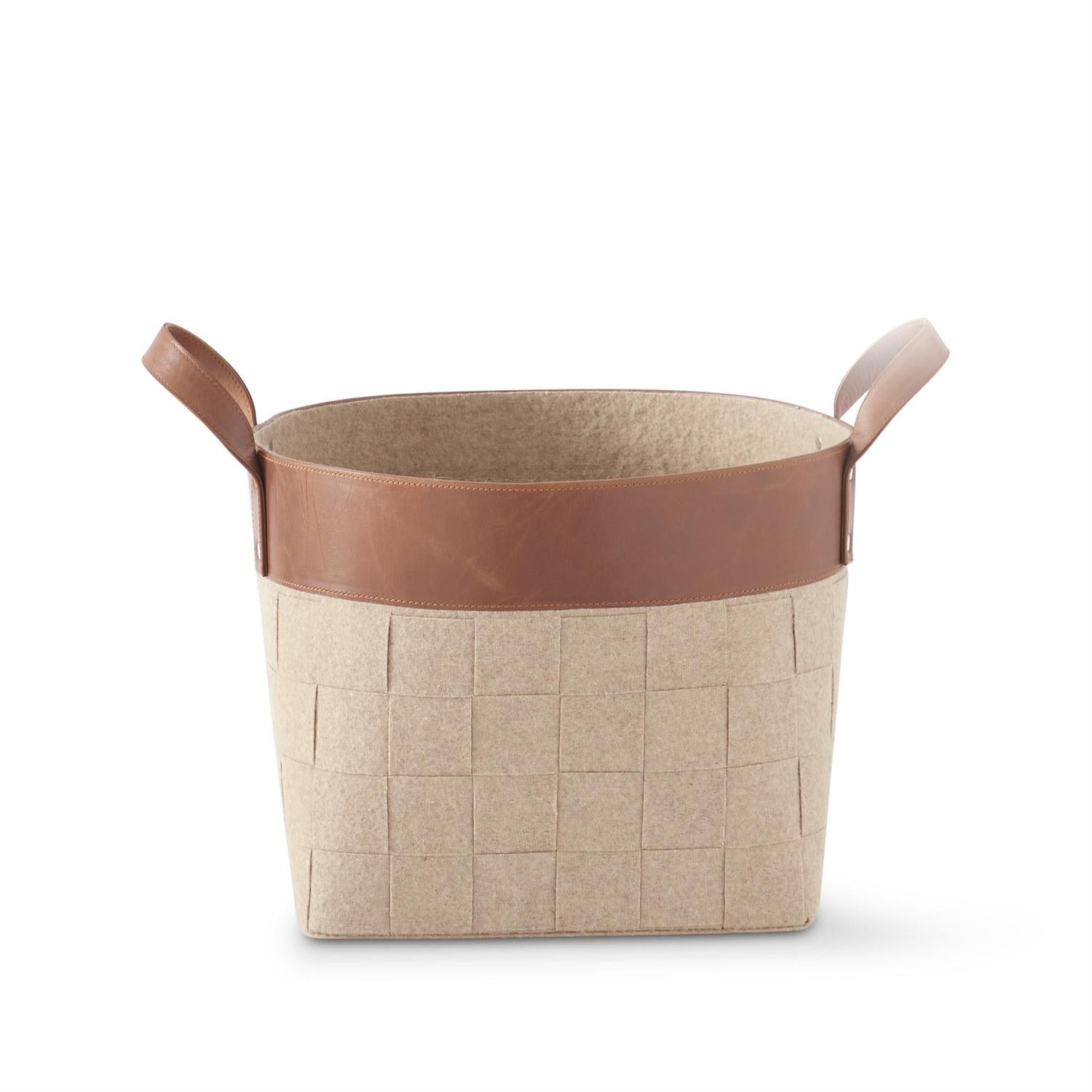 Woven Brown Felt Nesting Baskets with Top Brown Leather Stripe