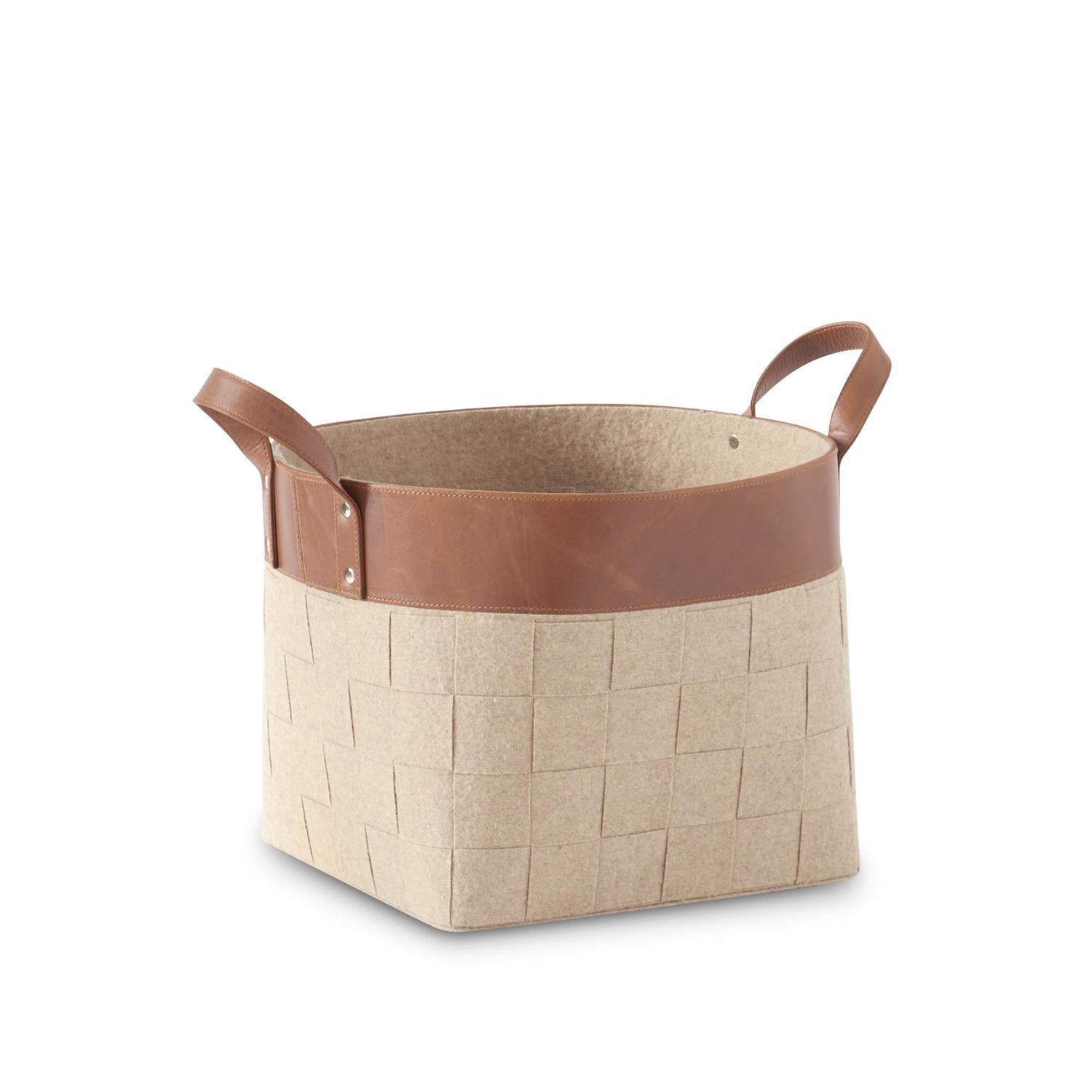 Woven Brown Felt Nesting Baskets with Top Brown Leather Stripe