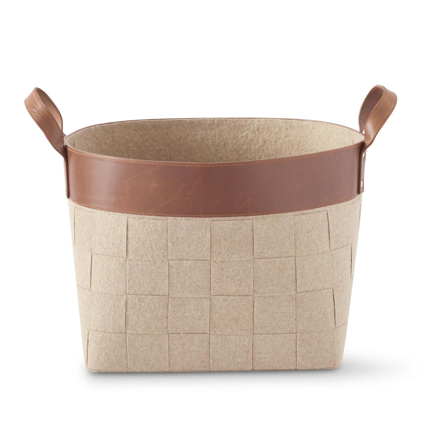 Woven Brown Felt Nesting Baskets with Top Brown Leather Stripe