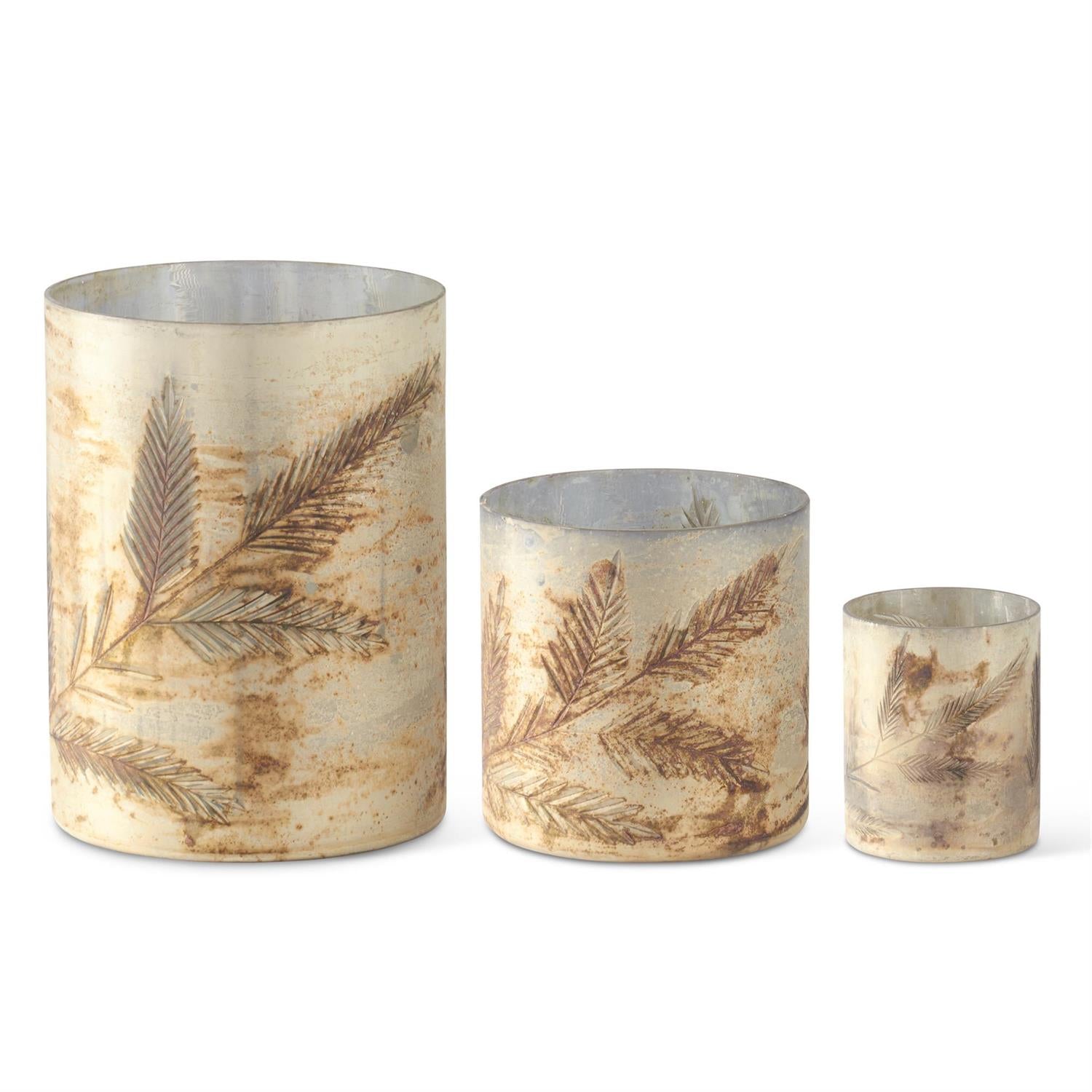 Cream w/Silver Interior Pine Sprig Etched Glass Candleholder