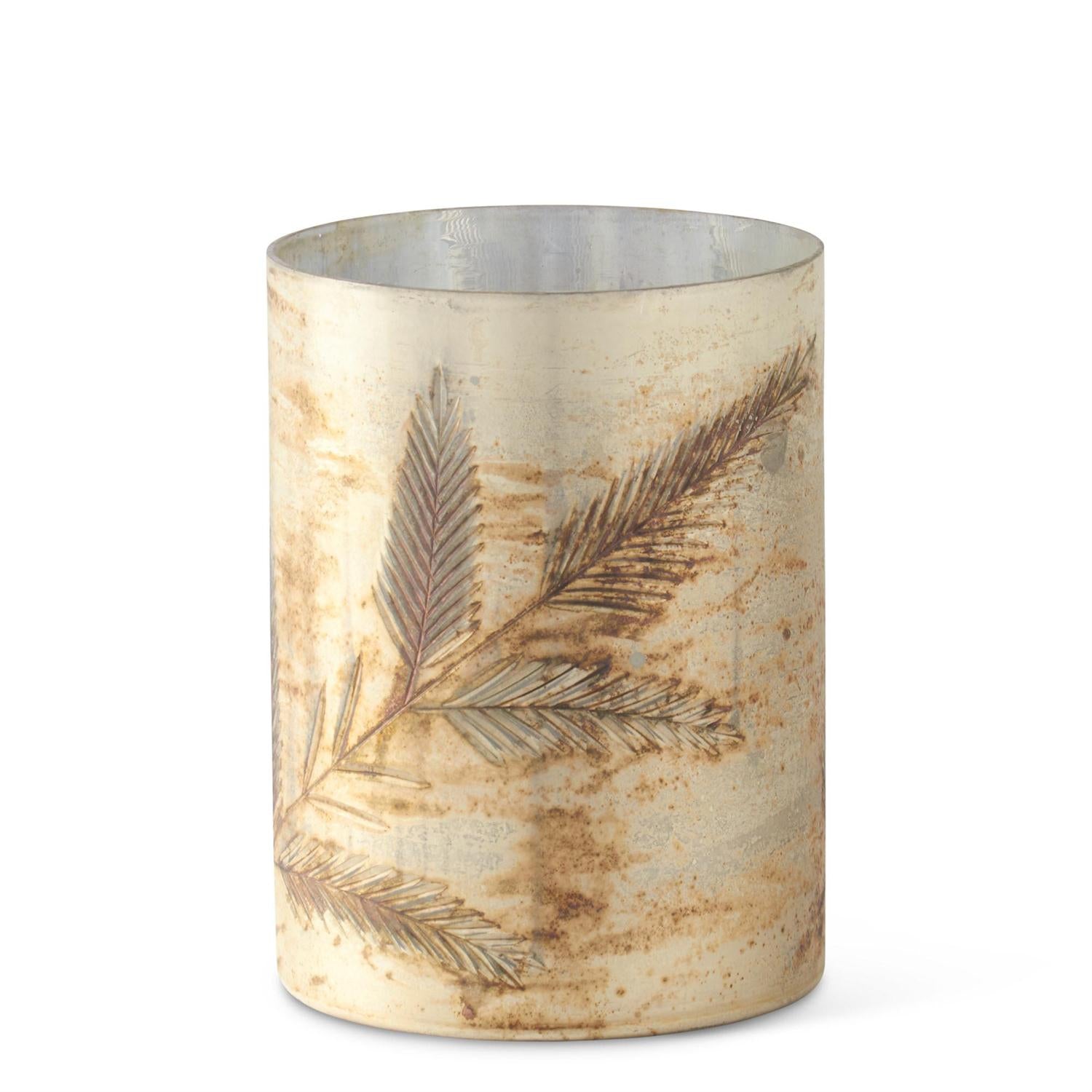 Cream w/Silver Interior Pine Sprig Etched Glass Candleholder