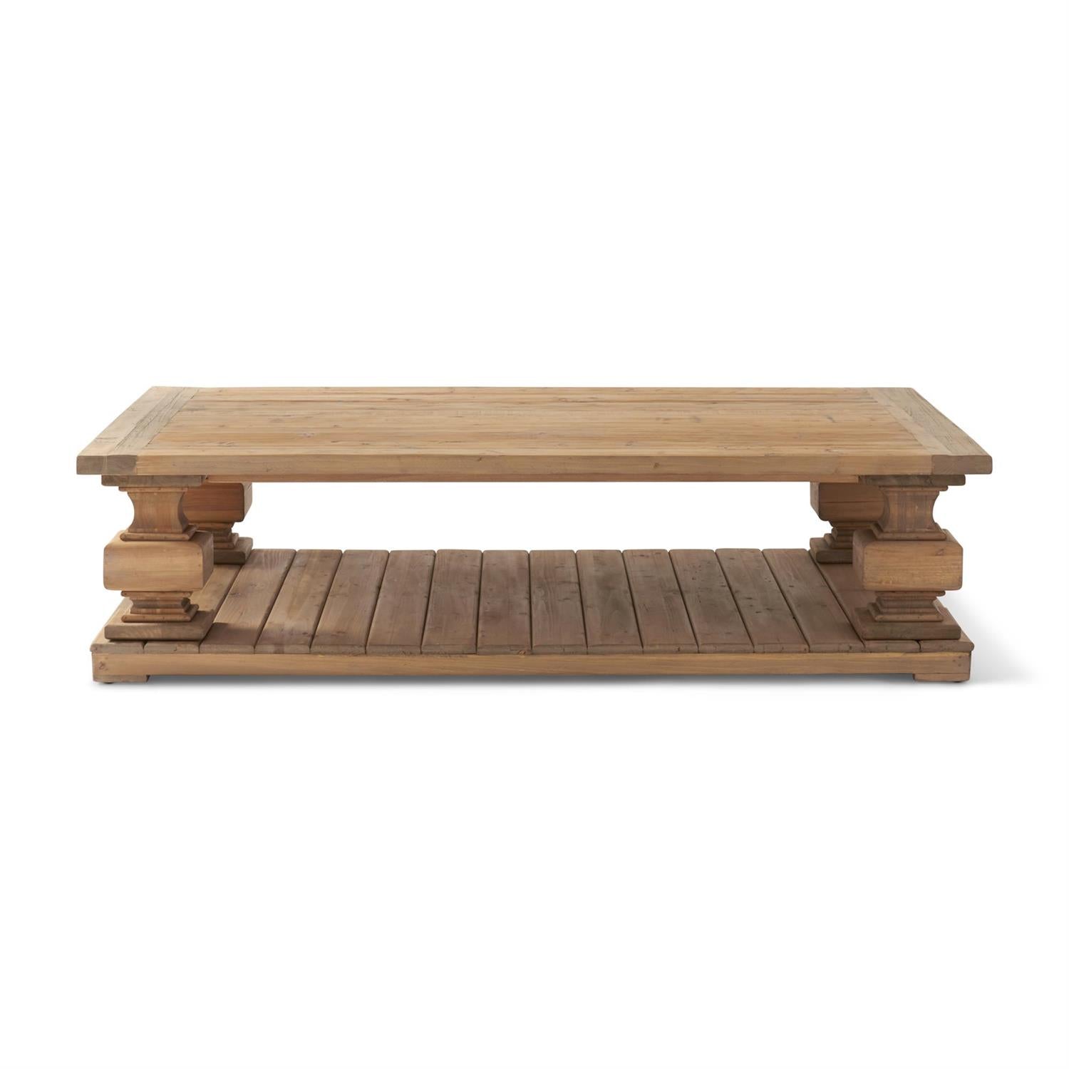 60 Inch Elm Wood Column Leg 2-Shelf Coffee Table