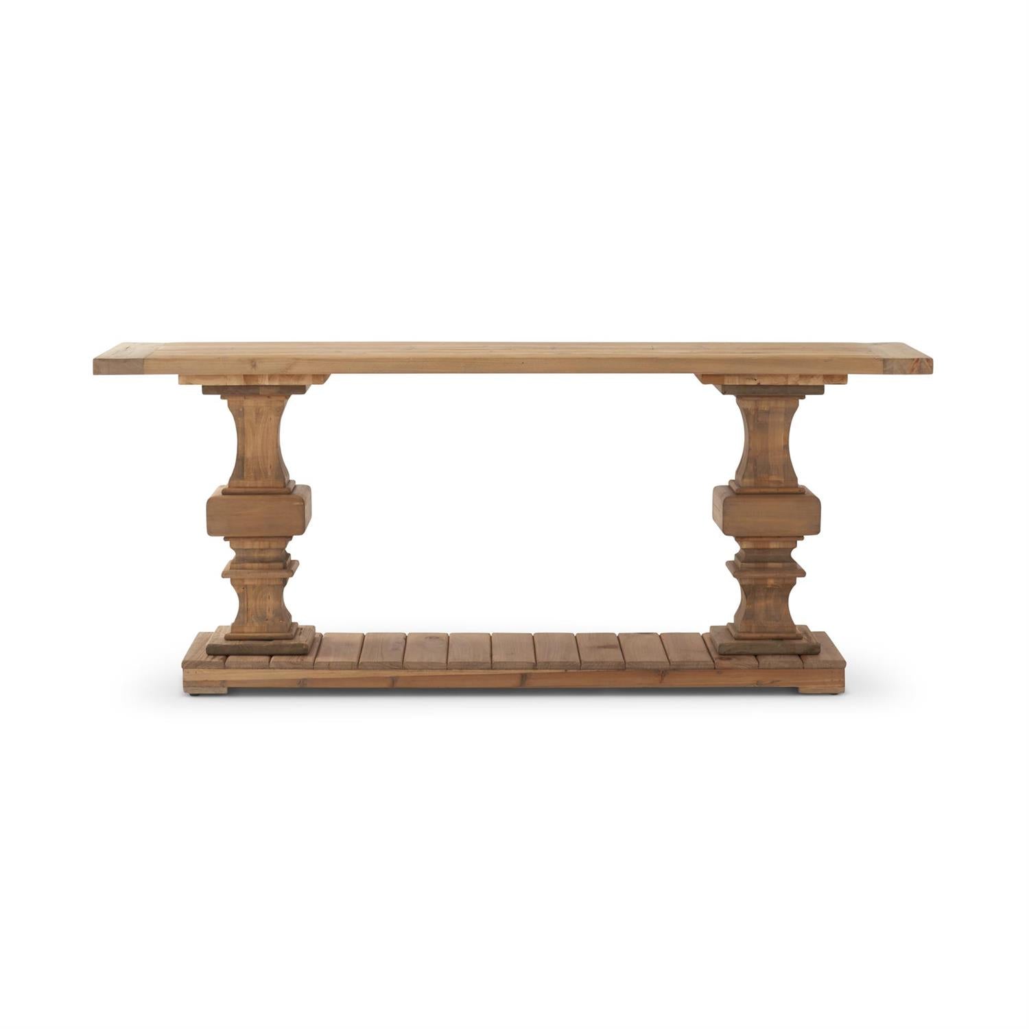 78 Inch Elm Wood Column Leg 2 Shelf Console Table