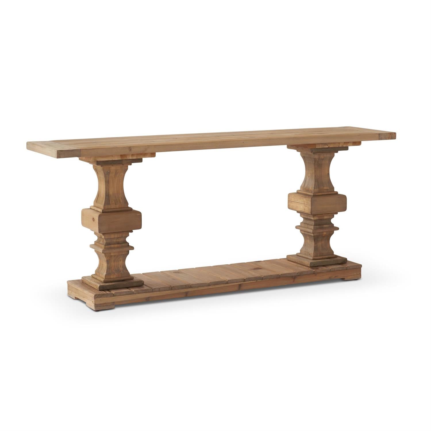 78 Inch Elm Wood Column Leg 2 Shelf Console Table