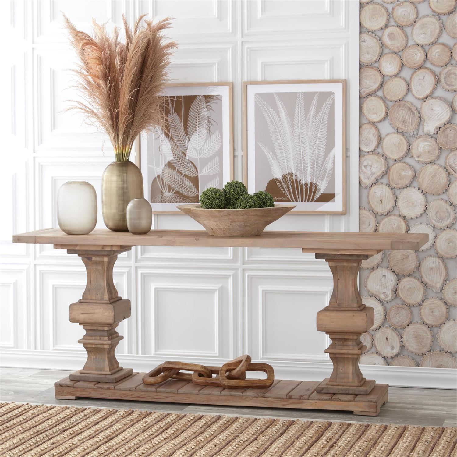 78 Inch Elm Wood Column Leg 2 Shelf Console Table