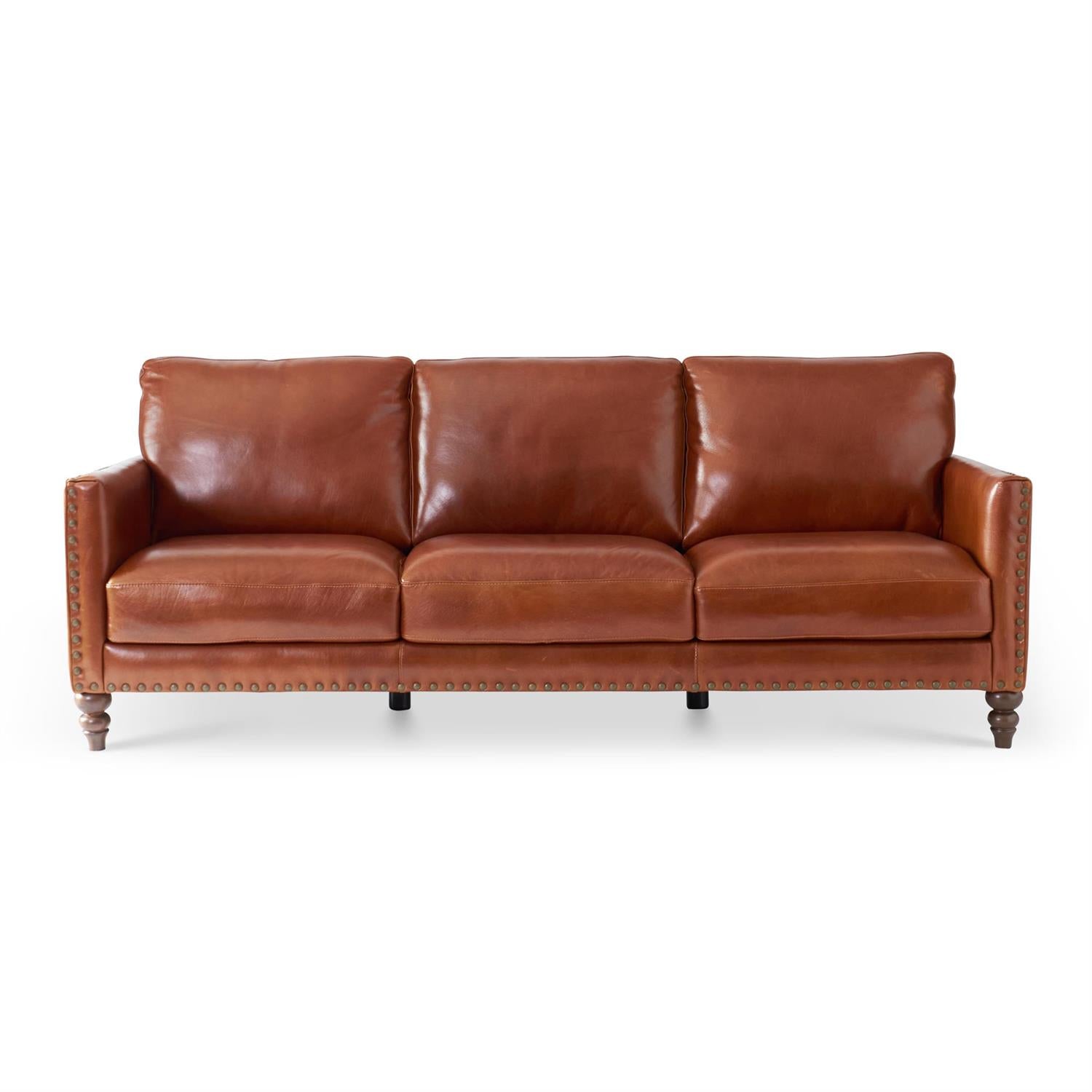 88" Red-Brown Italian Leather Sofa with Nailhead Trim