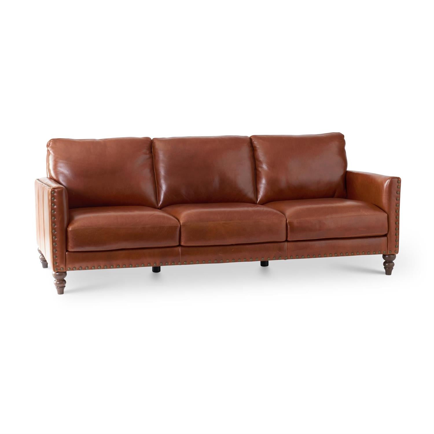 88" Red-Brown Italian Leather Sofa with Nailhead Trim
