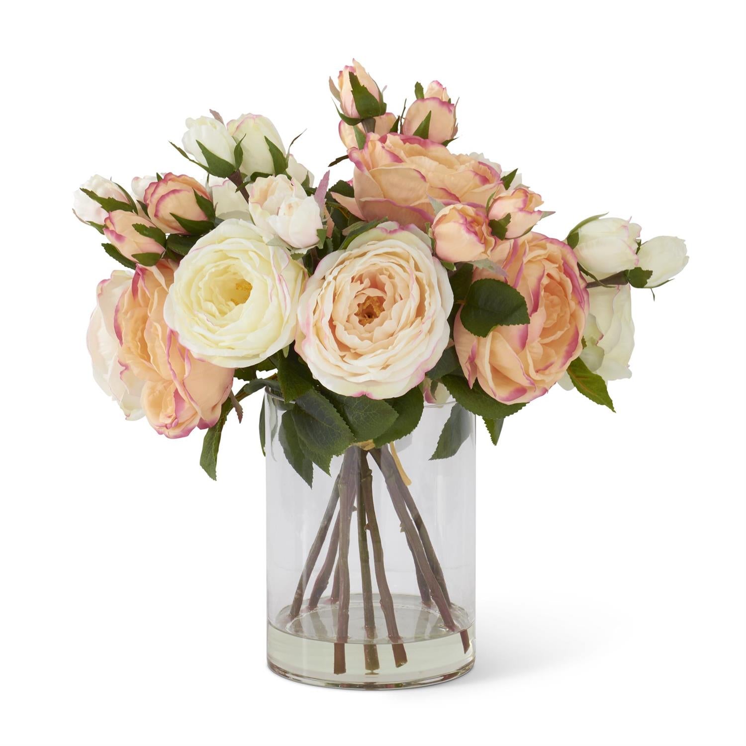 14-Inch Pink & White Austin Rose Premade in Glass Vase with Faux Water