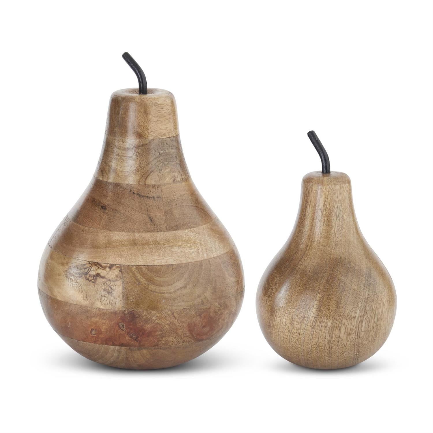 Set of 2 Carved Wood Pears with Black Metal Stems