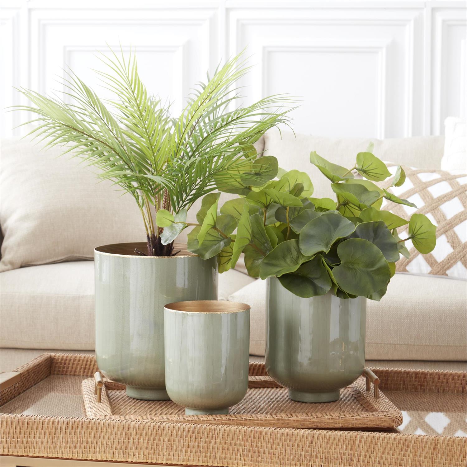 Set of 3 Glossy Sage Green Enameled Iron Footed Vases