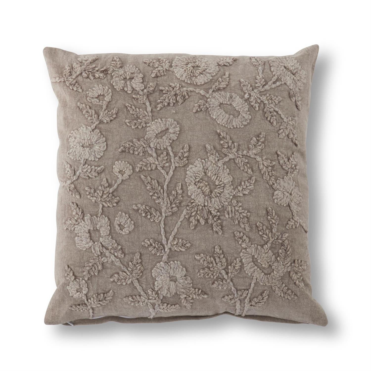 20-Inch Cotton Stone-Washed Taupe Floral Embroidered Pillow