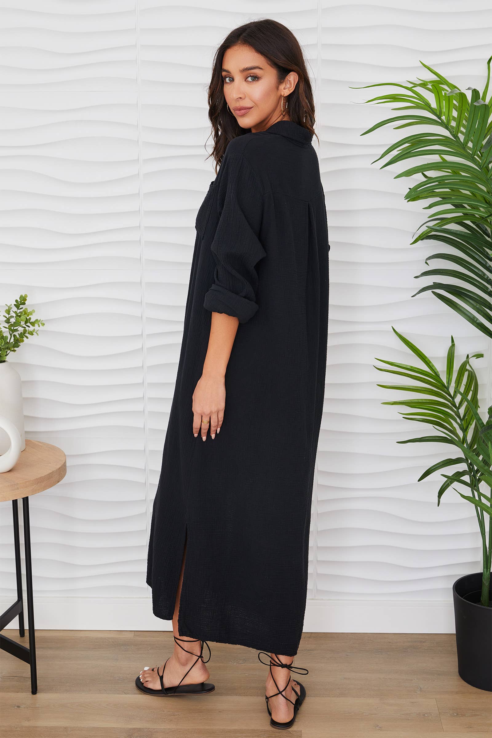 Long Sleeve Cotton/Linen Gauze Maxi Shirt Dress