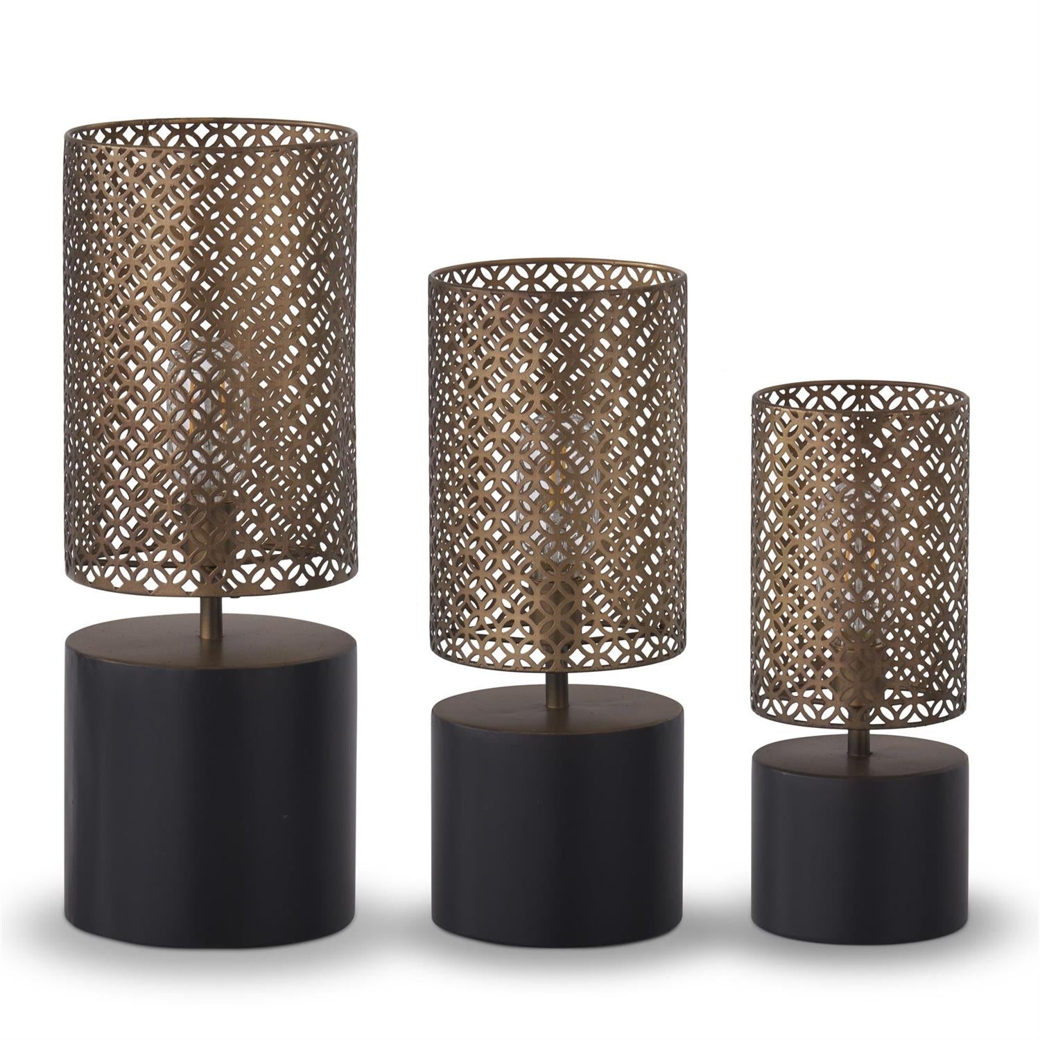 Set of 3 Gold & Black Metal LED Cylinder Lanterns