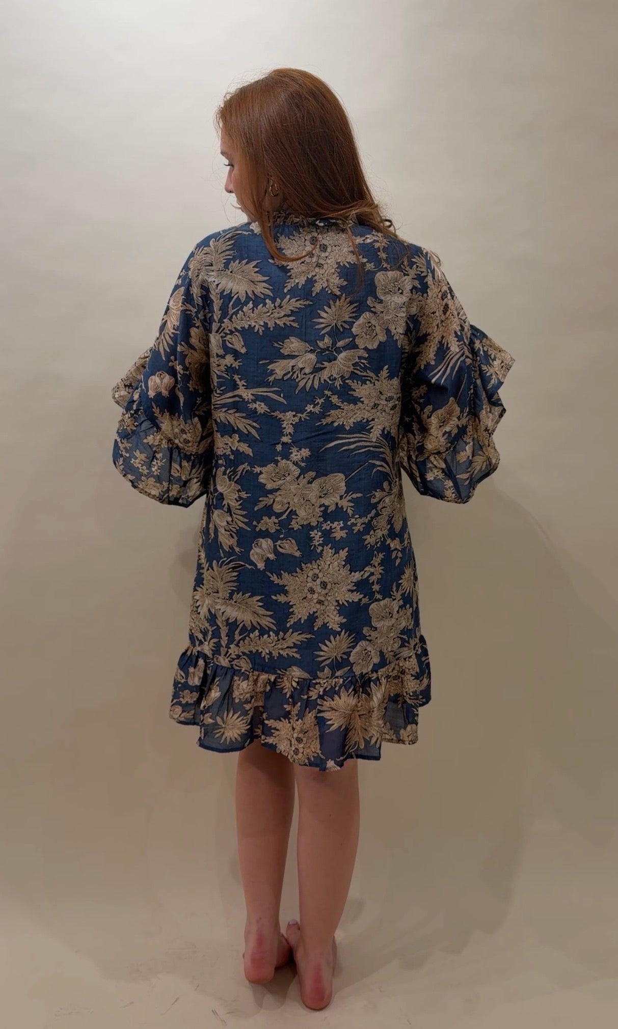 Toile Print Ruffled Cotton Caftan Mini