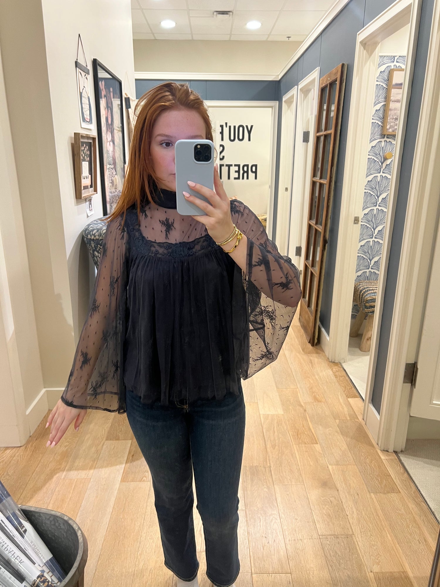 Woven Polyester Mesh Floral Print Mock Top