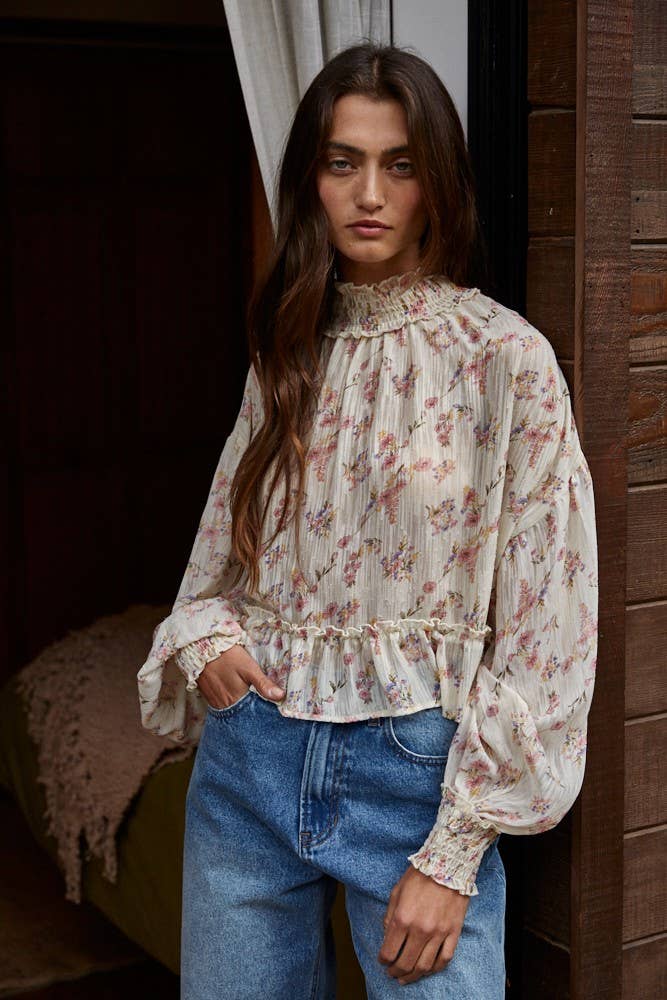 Woven Floral Print See Through Mock Neck Blouse
