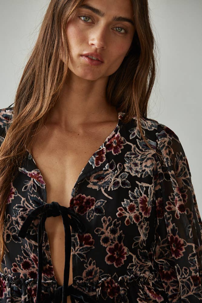Woven Polyester Nylon Velvet Floral Print Blouse Top
