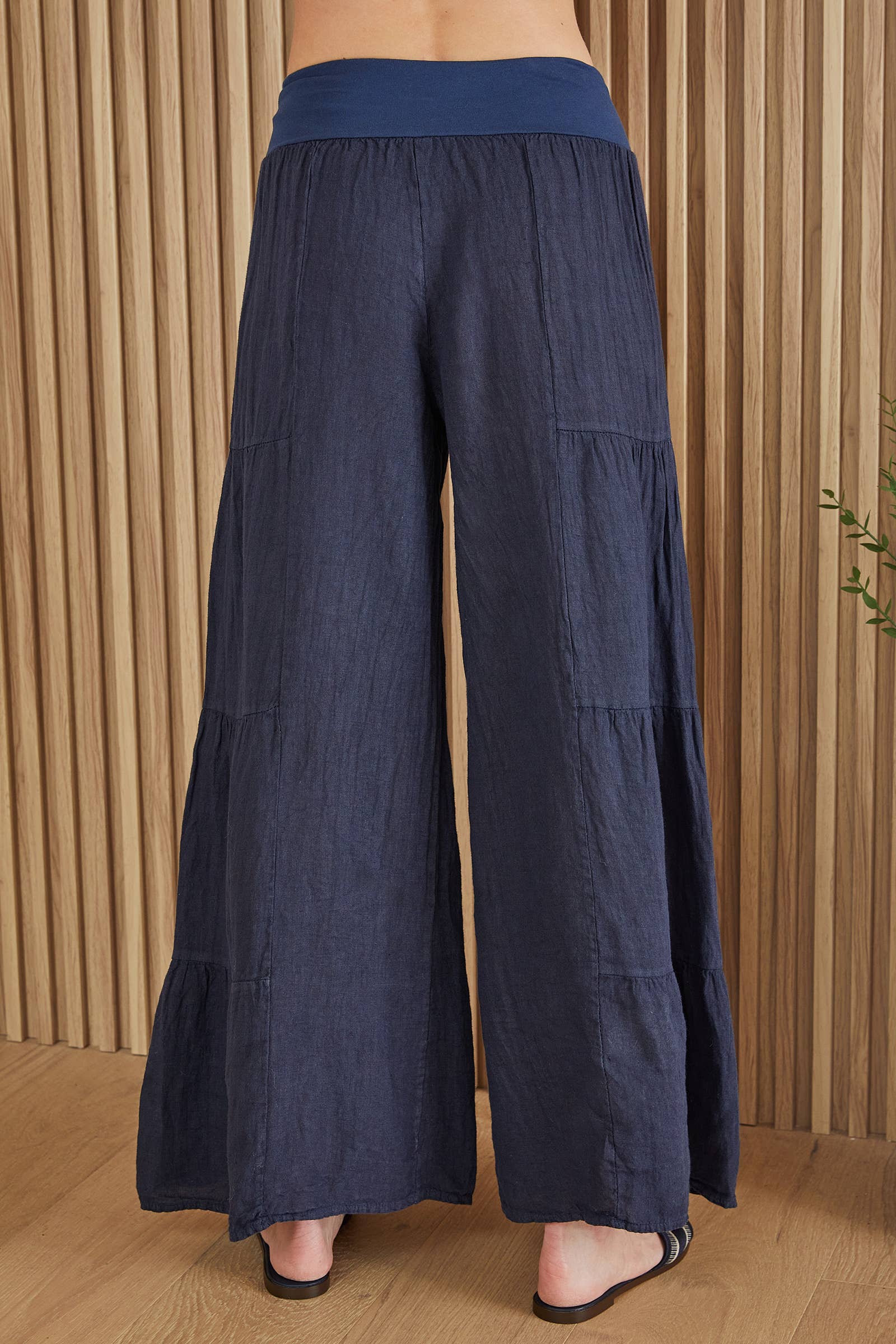 Navy Blue Linen Tiered Palazzo Pants