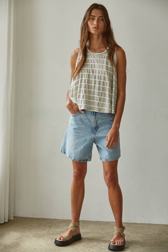 Knit Striped Round Neck Sleeveless Tank Top