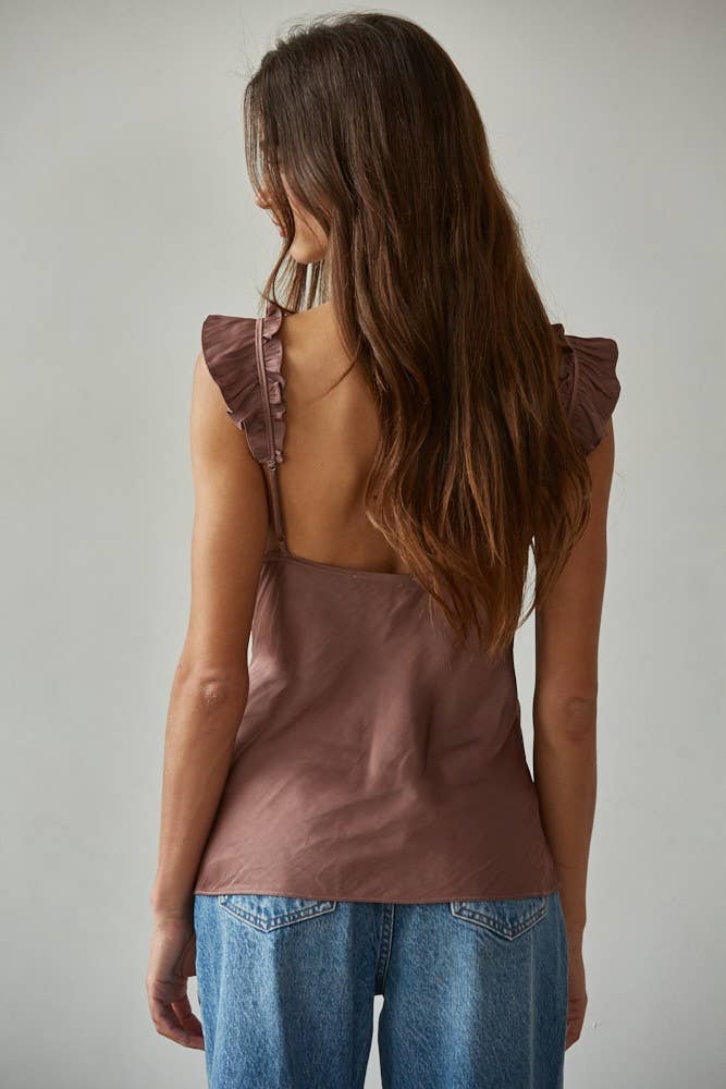 Woven Polyester Satin Lace Trim Detail V-Neck Cami
