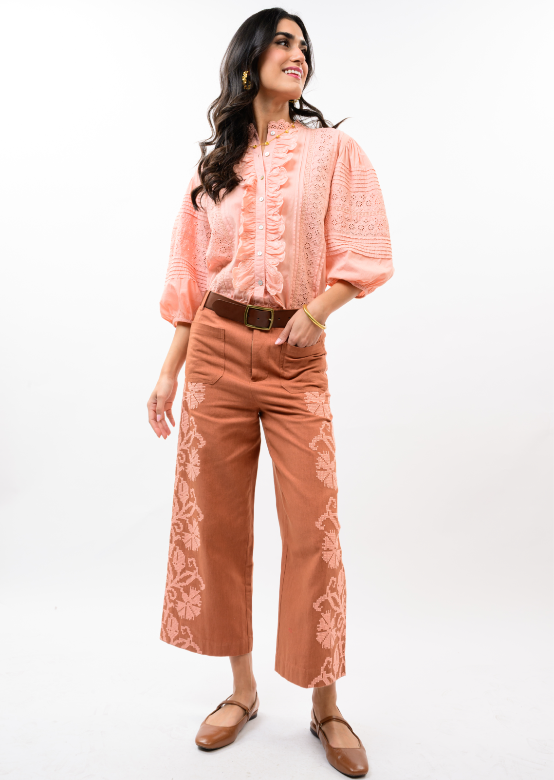 Embroidered Terracotta Wide-Leg Pants