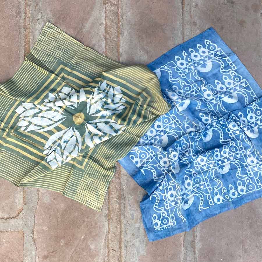 Light Blue Square Blocked Shibori Bandana, Head Scarf | Neel