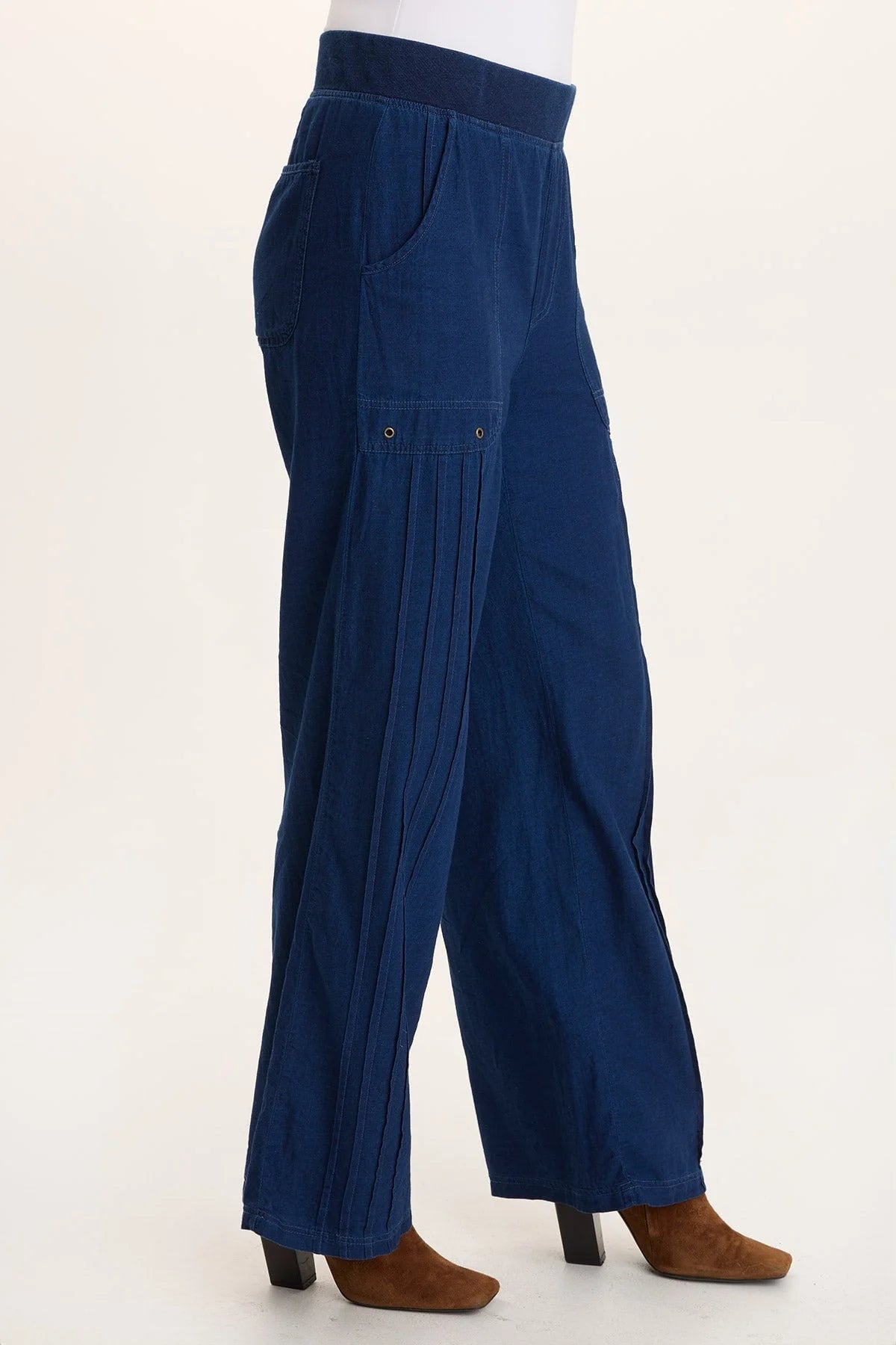 Indigo Twill Mock-Denim Wide-Leg Pull-On Pant