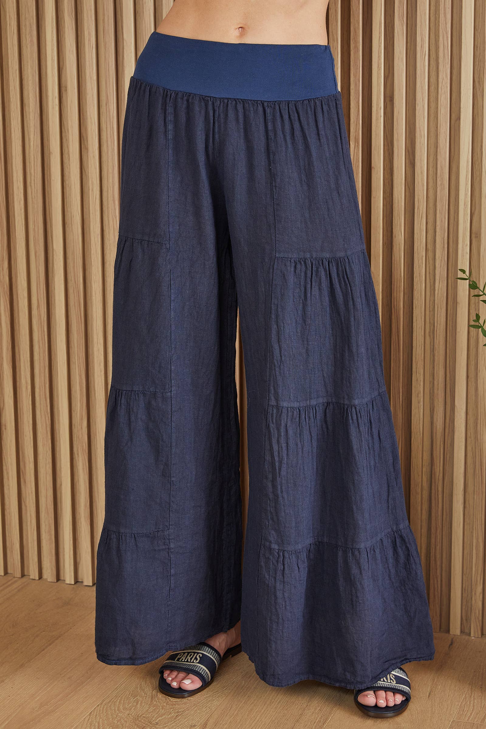 Navy Blue Linen Tiered Palazzo Pants