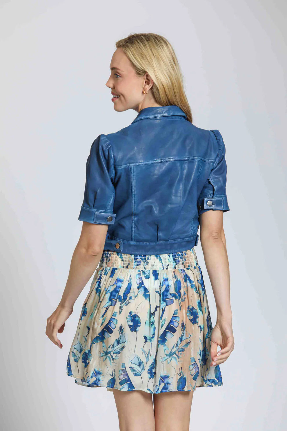 Blue Short Sleeve Leather Jacket