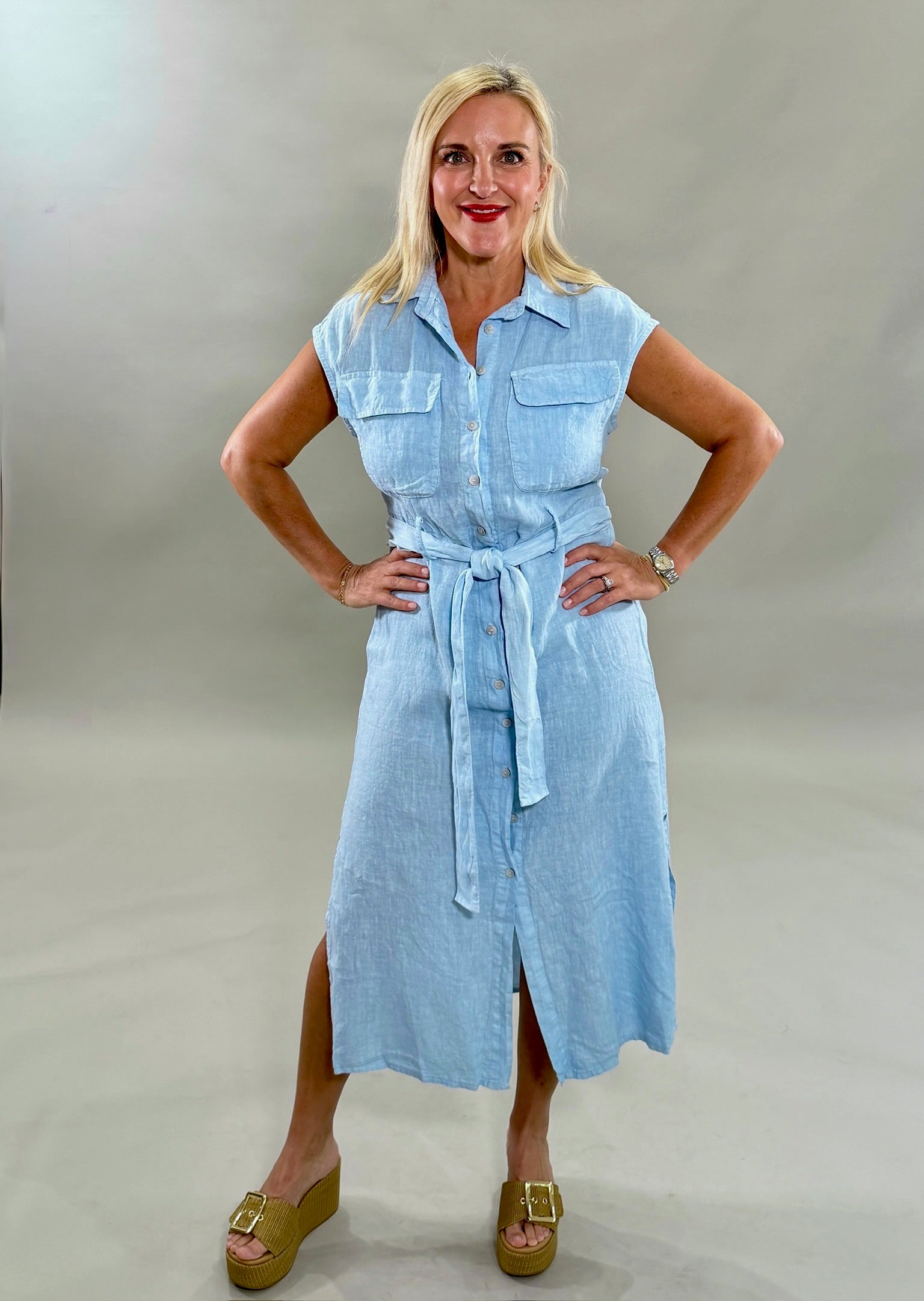 Sleeveless Button Down Linen Dress With Tie Belt