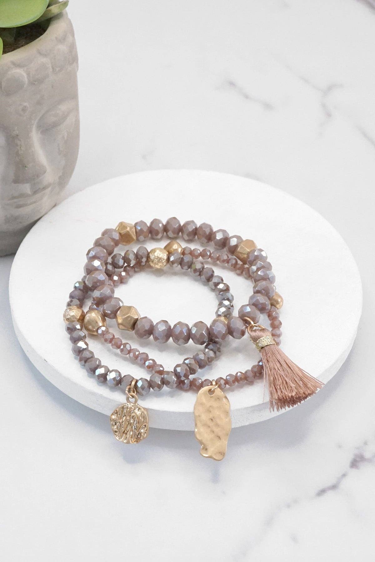 Beaded bracelet stack with tassel coin Aqua Taupe Rose Black