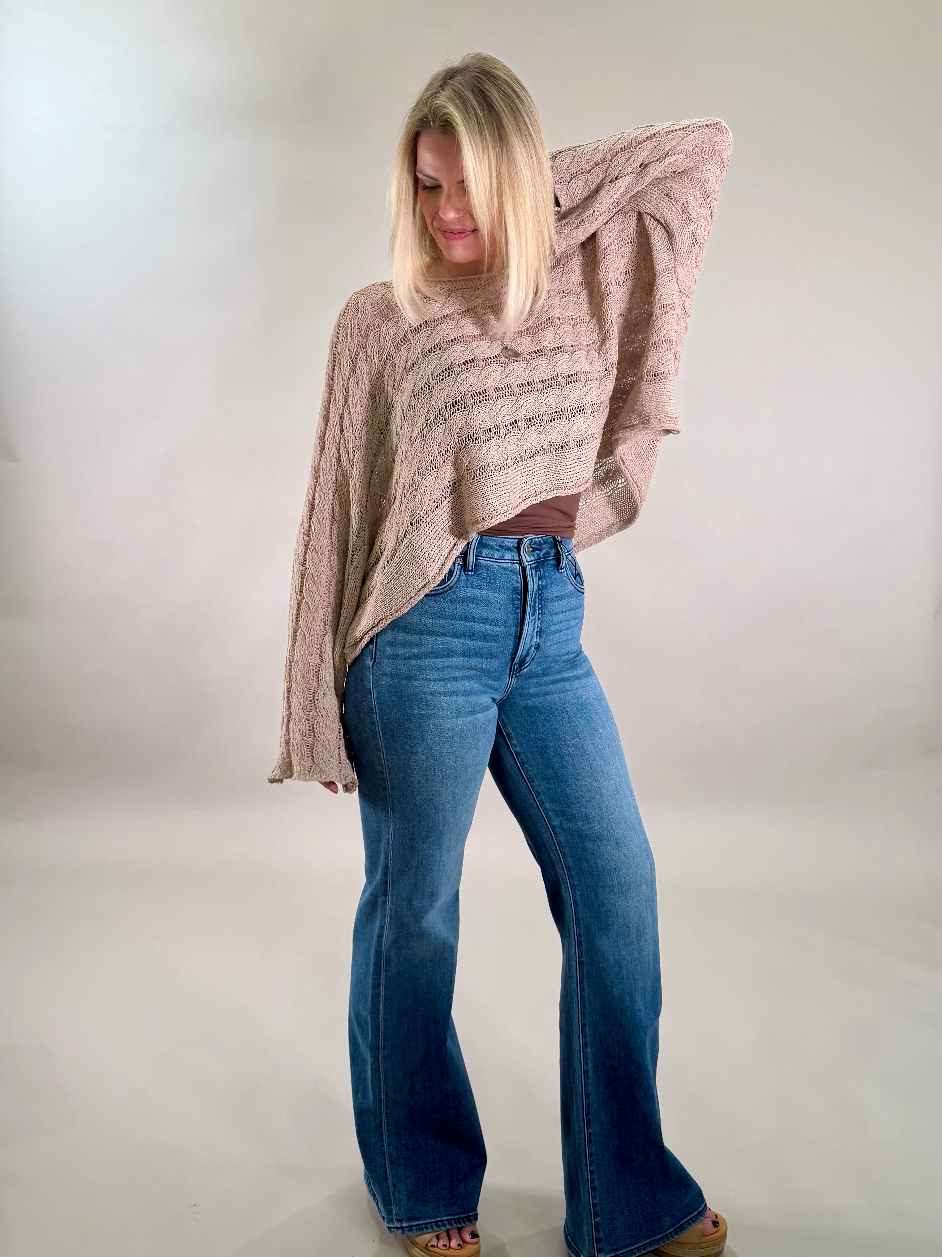 Airy Cable Knit Poncho-Style Sweater