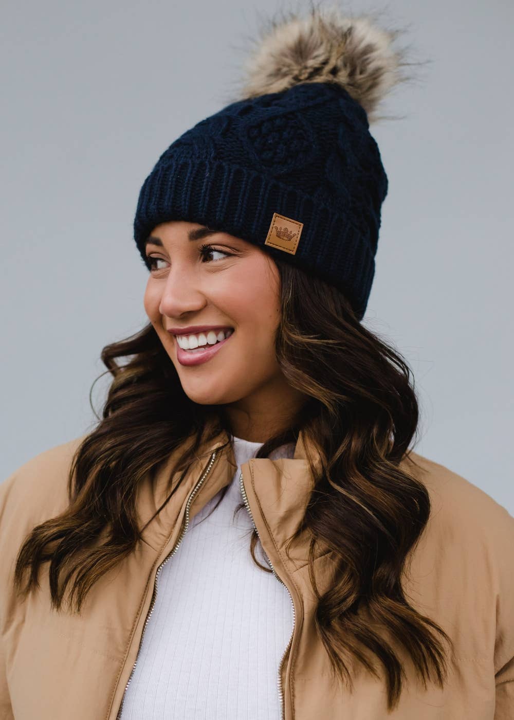 Navy Cable Knit Pom Beanie