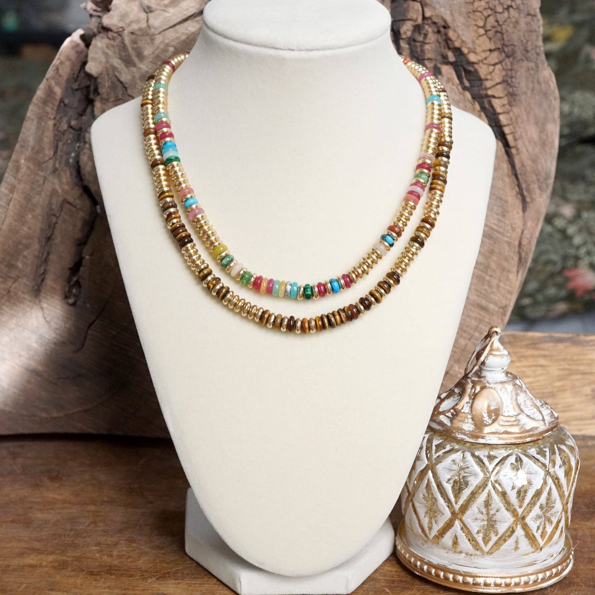 Beaded Toggle Necklace – Natural Stone & Gold-Tone Rondelle Beads
