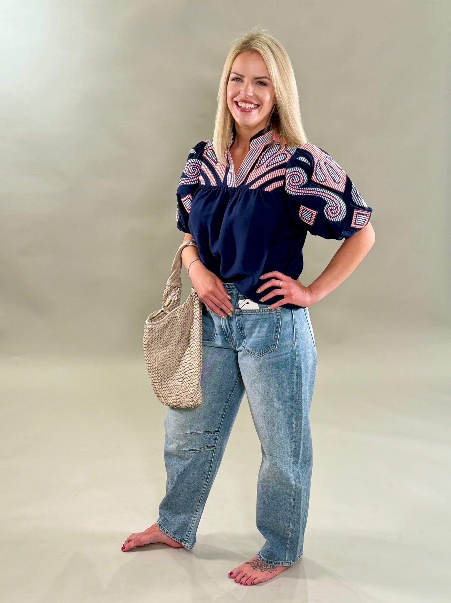 Americana Plaid Embroidered Blouse