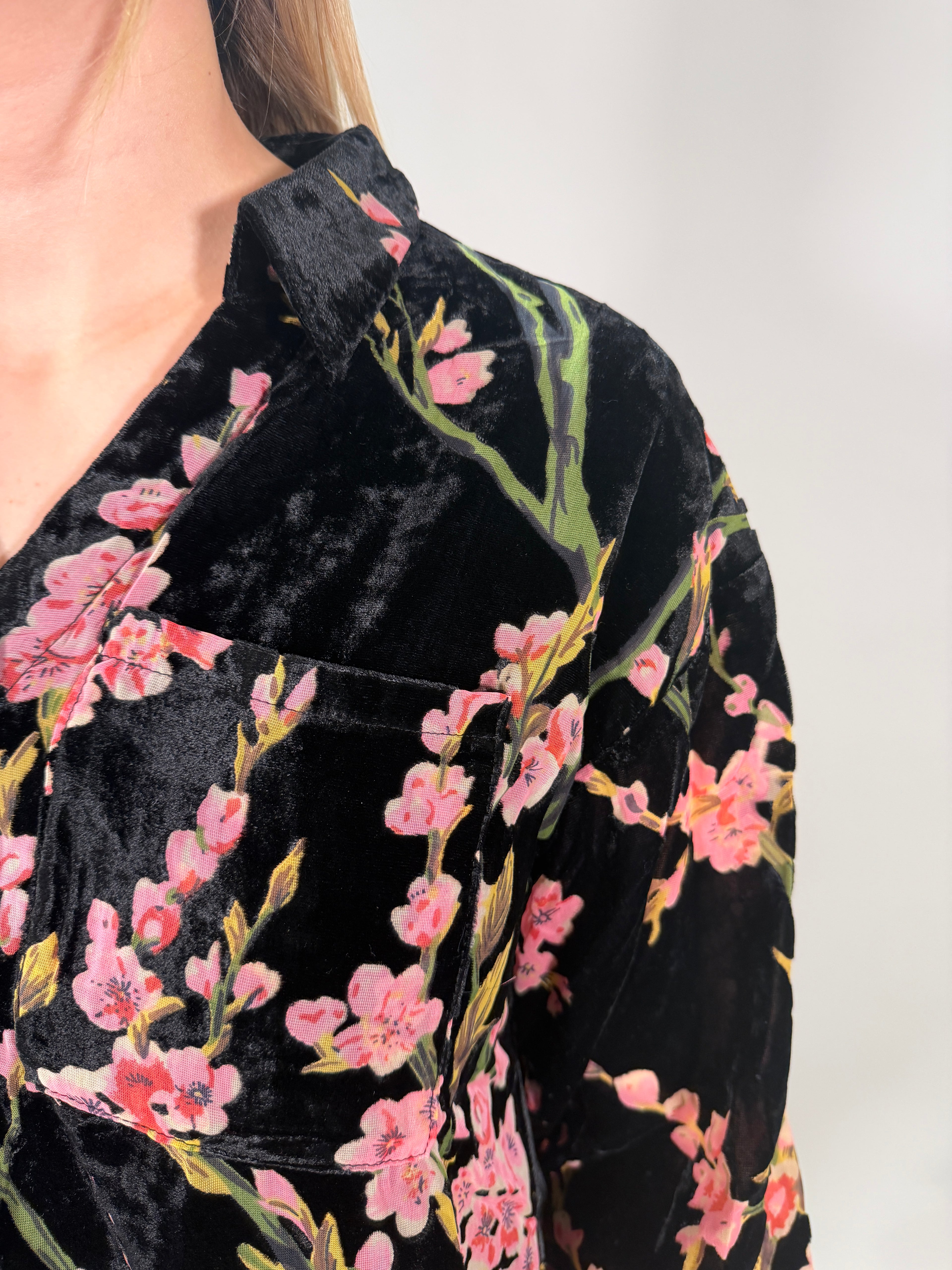 Velvet Cherry Blossom Button-Up Blouse