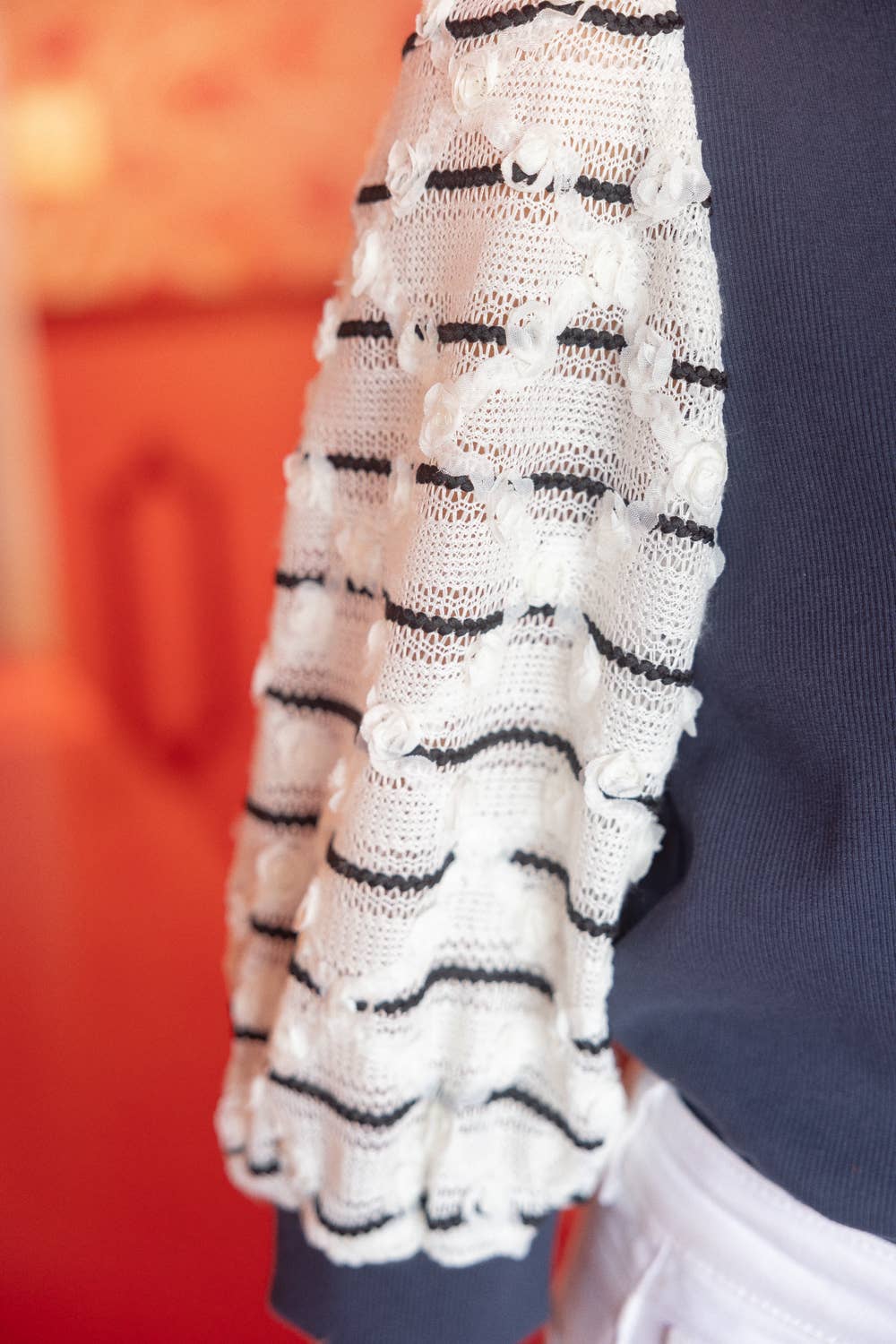 Puff Striped Diamond Tull Detailed Knit Top