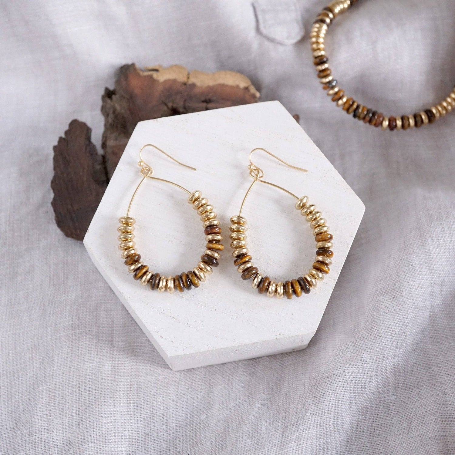 Beaded Teardrop Wire Earrings – Gold Tone & Brown Tiger Eye Stone Beads