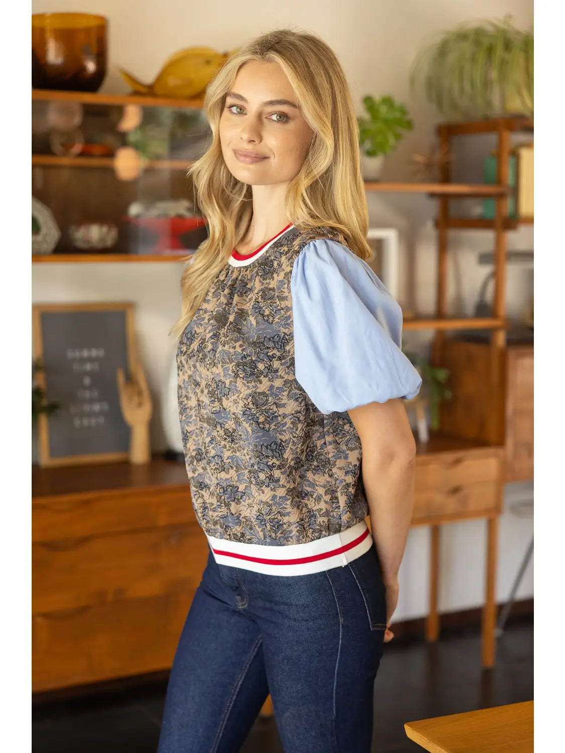 Mixed Solid and Floral Jaquard Top
