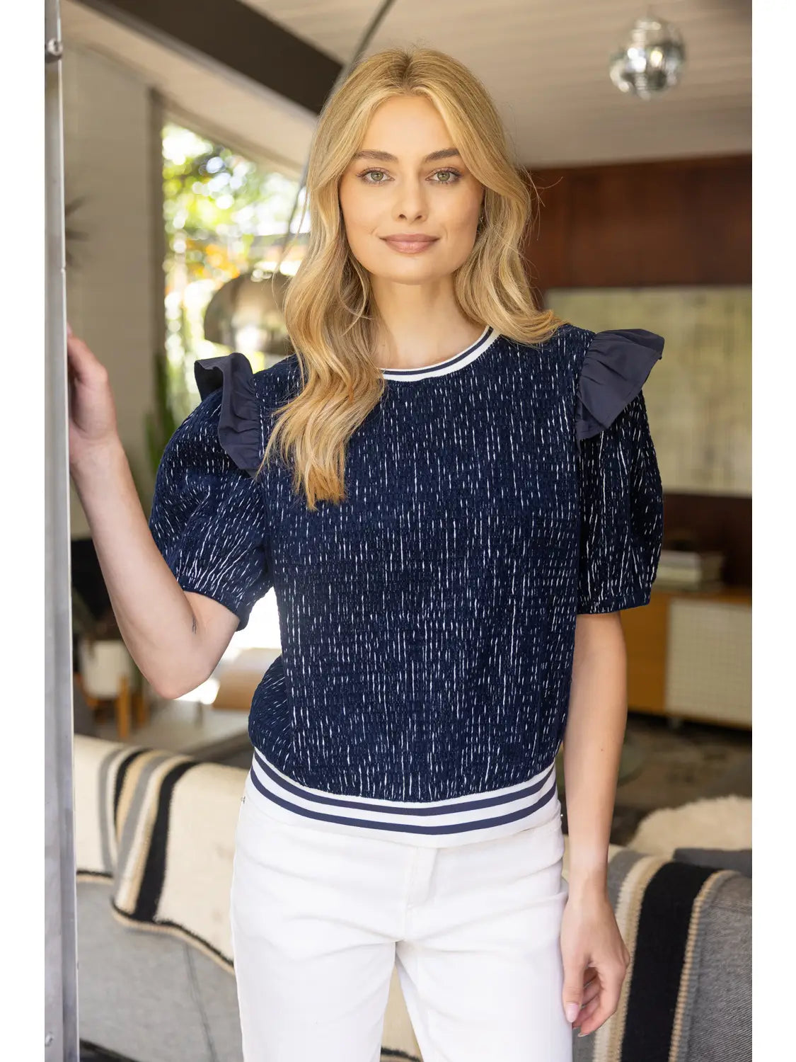 Shoulder Ruffle Textured Knit Top