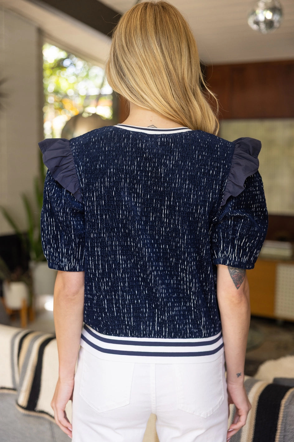 Shoulder Ruffle Textured Knit Top