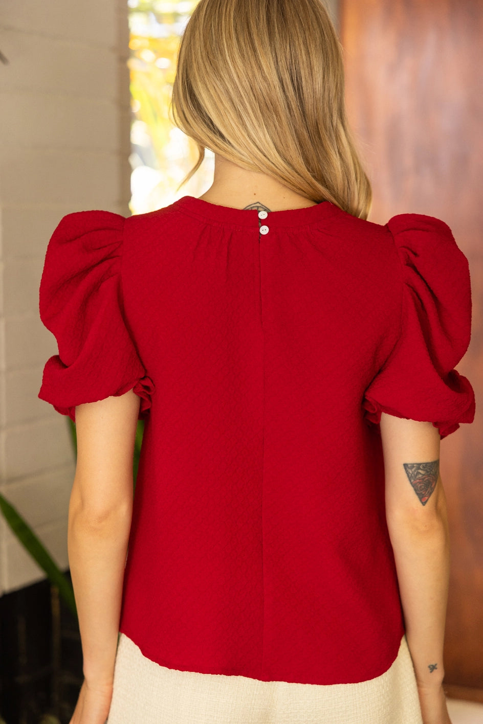 Ruched Puff Sleeve Textured Solid Knit Top
